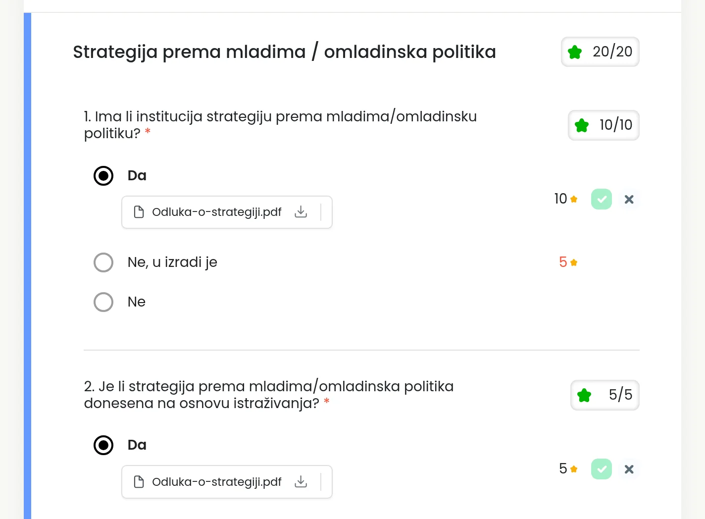 The public questionnaire view on integritet.ba: answers, points and supporting documents